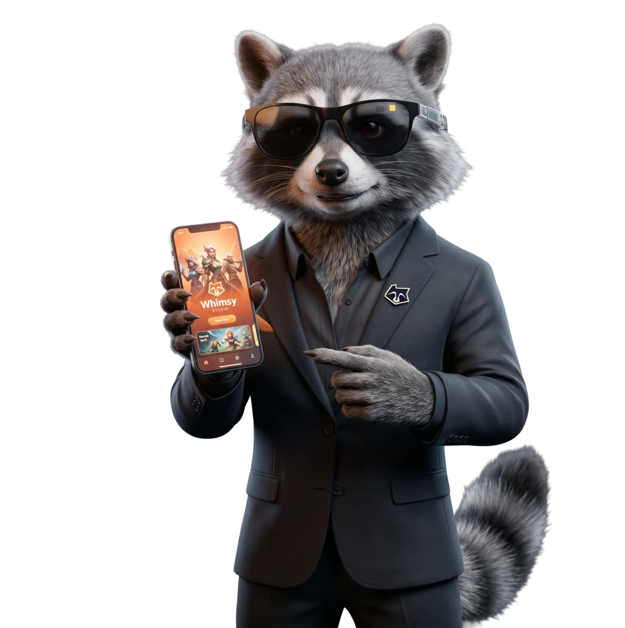 Whimsy Games raccoon mascot holding a phone