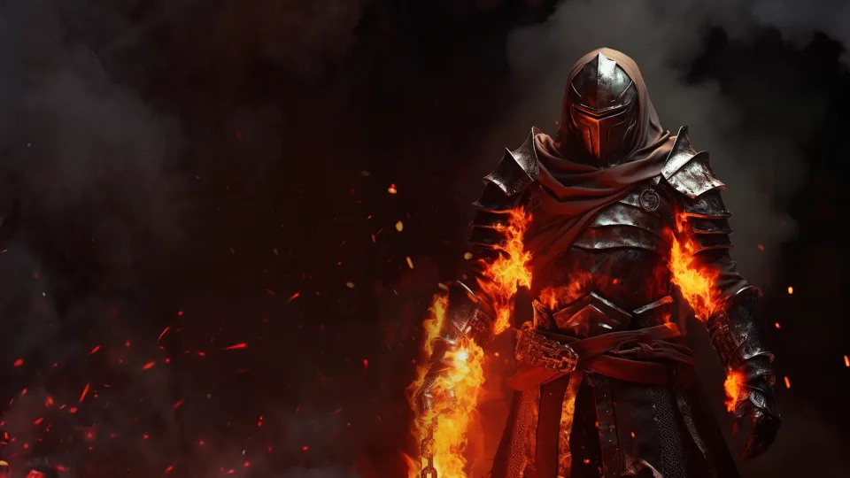 Fantasy game character with cinematic fire VFX effects