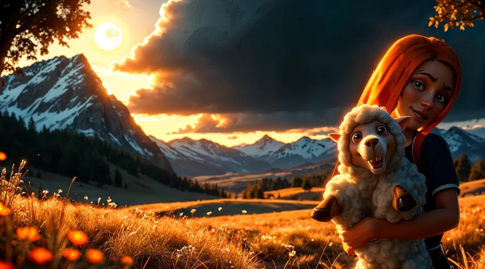 A girl holding a small animal in a mobile game landscape