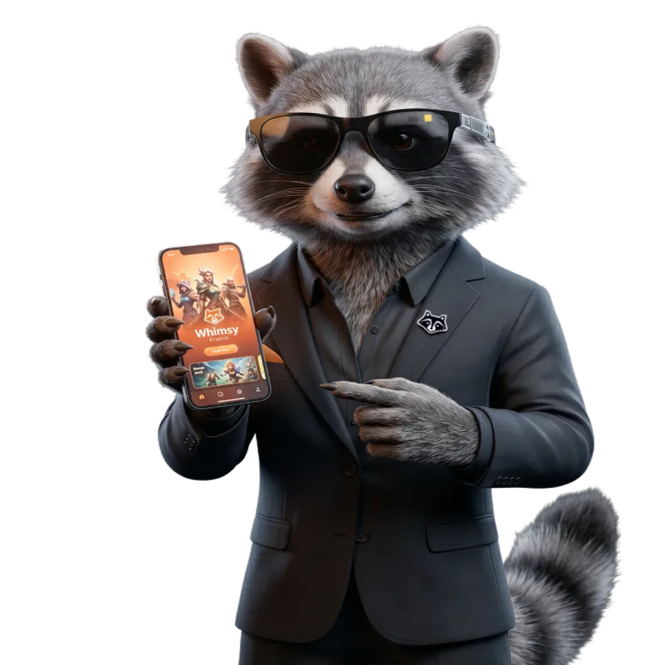 Whimsy Games raccoon mascot holding a phone