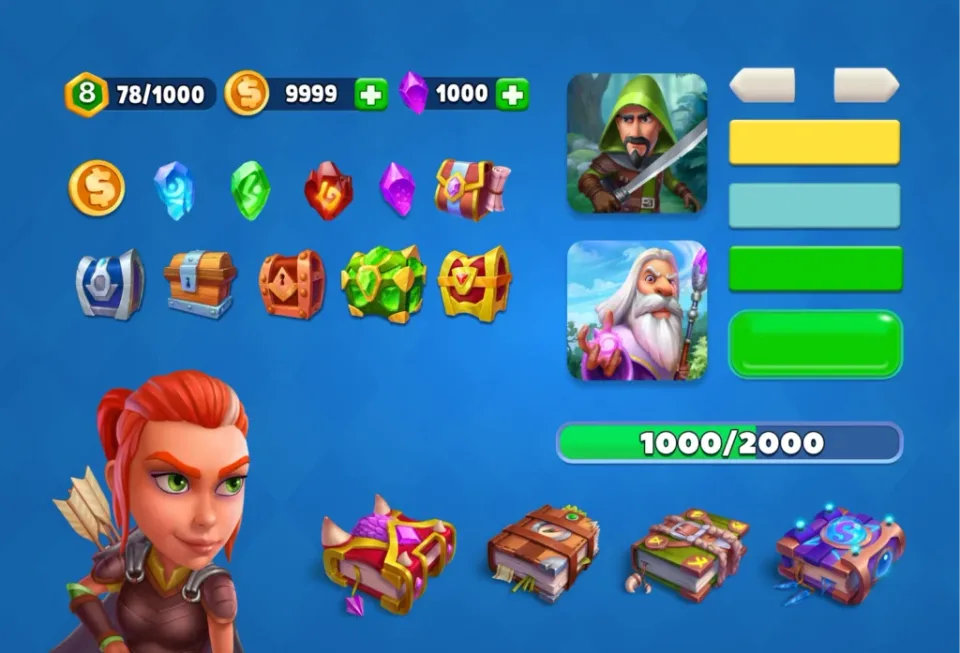 Puzzle Fight UI showing character cards, resource currencies, chests and XP progress, designed to support player engagement.