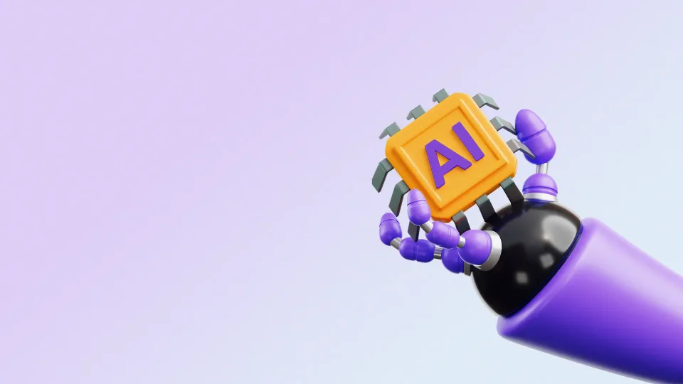 AI game development illustration with futuristic robotic hand holding AI cube technology symbol