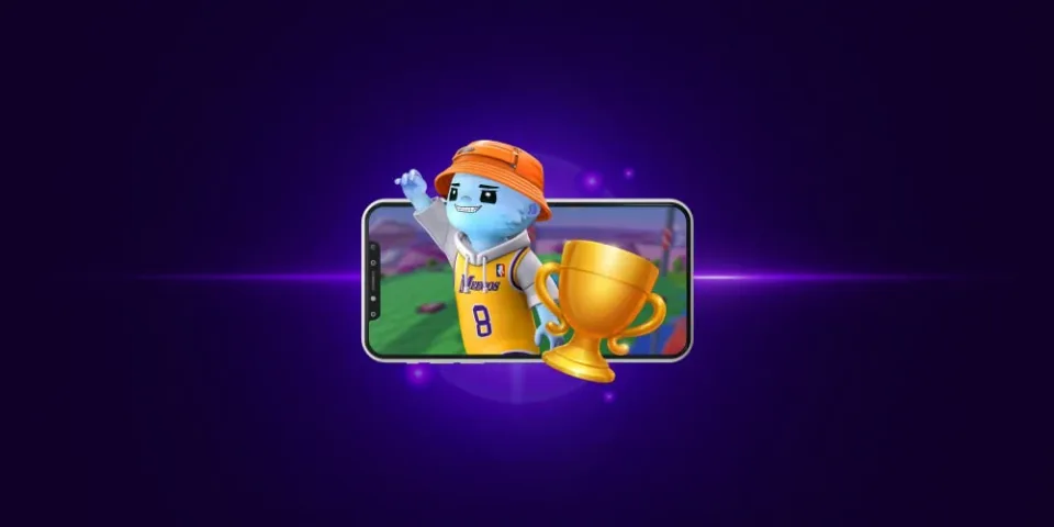 Mobile slot game character with trophy reward bonus