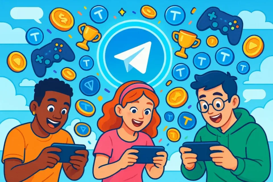 Players enjoying mobile games through Telegram Mini Apps with coins, trophies, and controllers around the Telegram logo