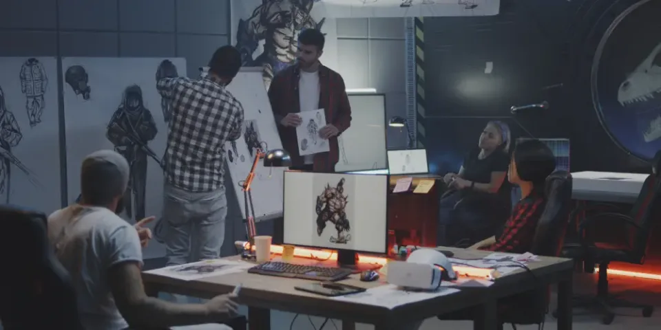 game development outsourcing team collaborating on concept art