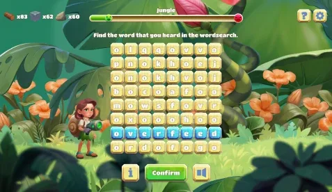 Spelling Game word puzzle interface with letter grid