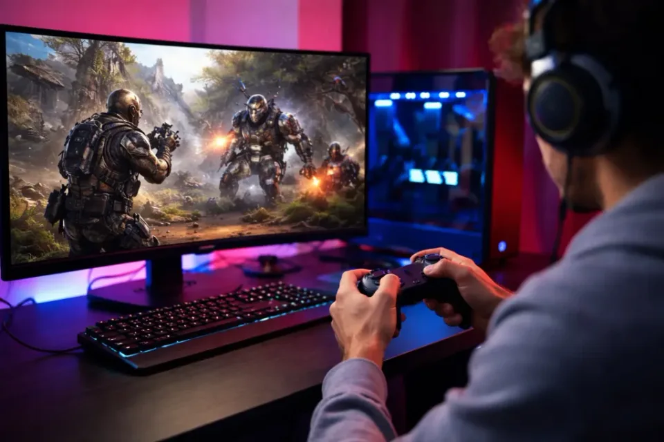 gamer playing modern pc video game on monitor