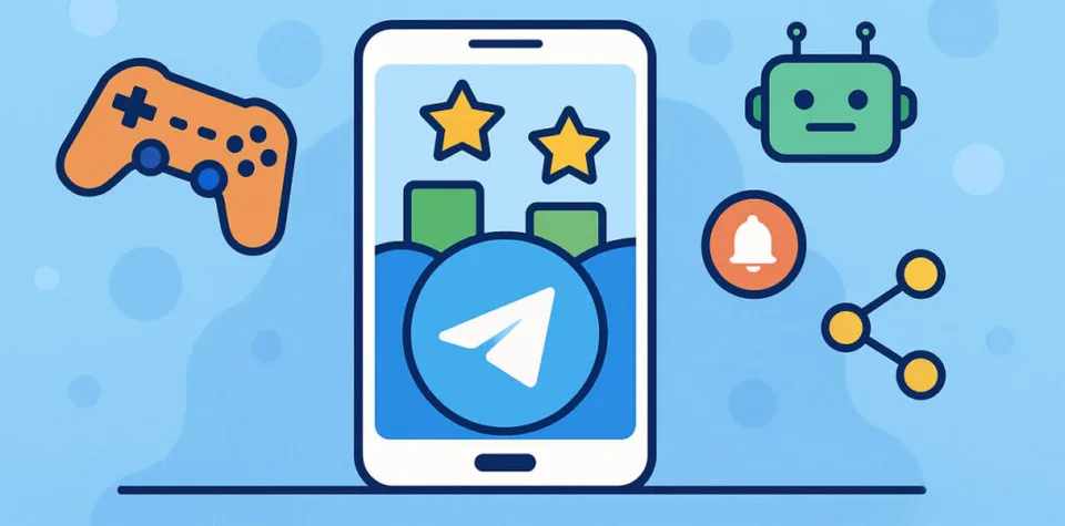 A smartphone with the Telegram logo and game icons representing Mini App mobile gaming