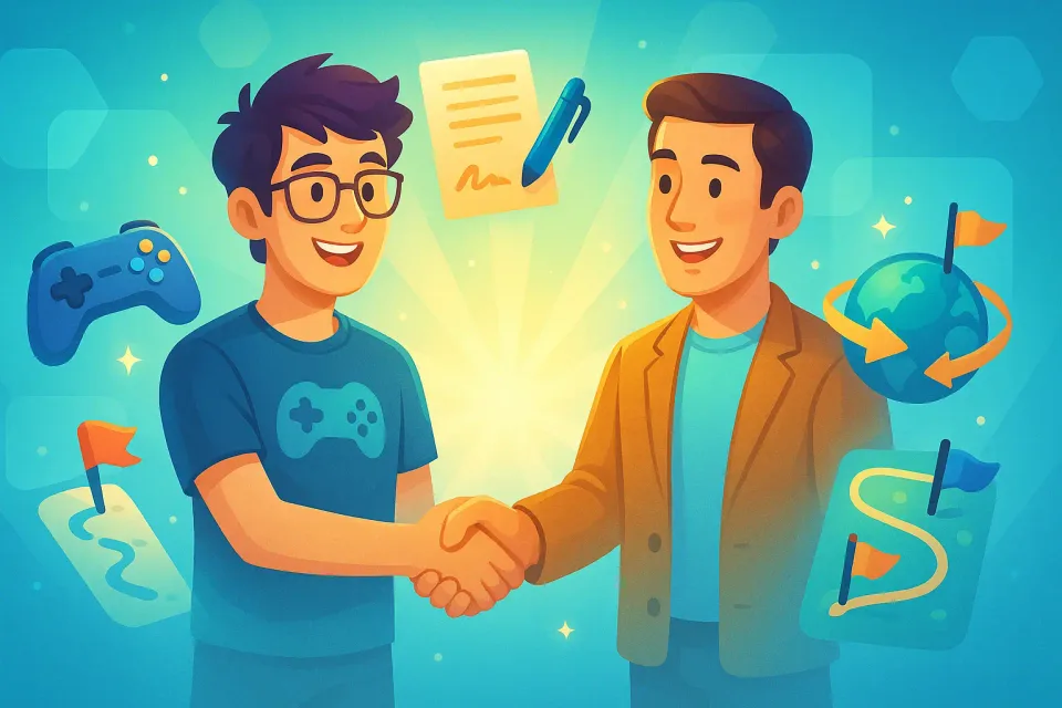 Studio representatives shake hands after signing a co-development video game partnership agreement