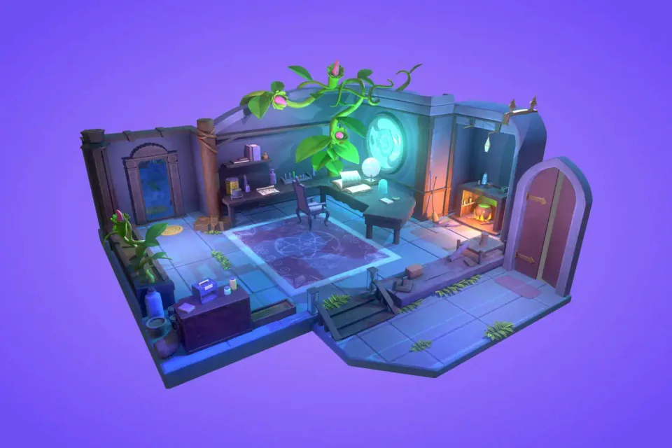 stylized game environment interior low poly game art