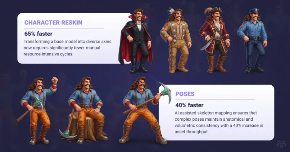 AI-assisted character reskinning and pose creation for game art production