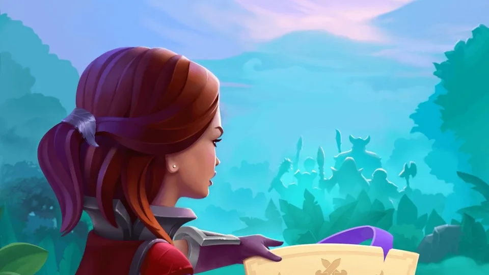 Puzzle Fight character looking at fantasy landscape