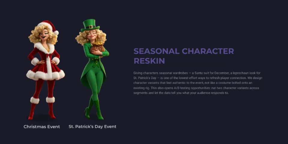 Christmas and St. Patrick's Day seasonal character reskins for LiveOps events.