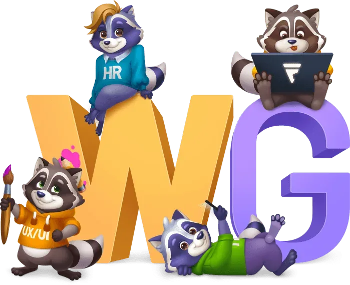 3D raccoon mascot characters around WG letters representing Whimsy Games team