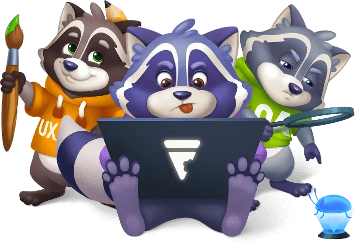 Whimsy Games mascot raccoons using creative tools and tablet for game development