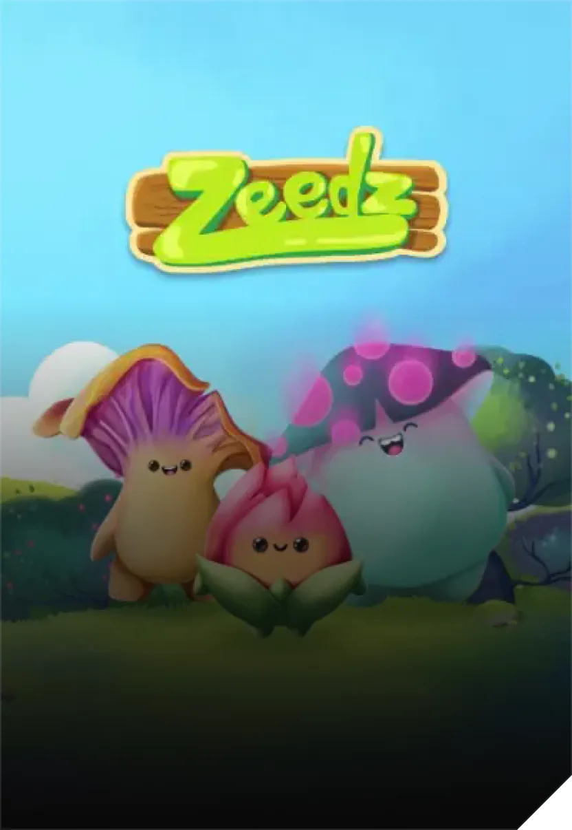 Zeedz game characters with cute forest creatures and logo